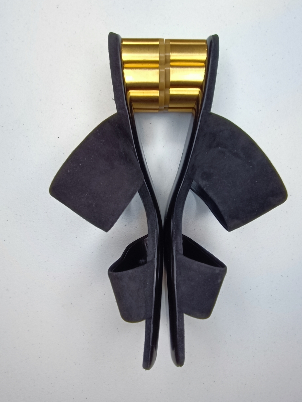 Salvatore Ferragamo Belluno Black Suede Slide Sandals Gold Flower Heel Size 9.5C - Picture 7 of 15